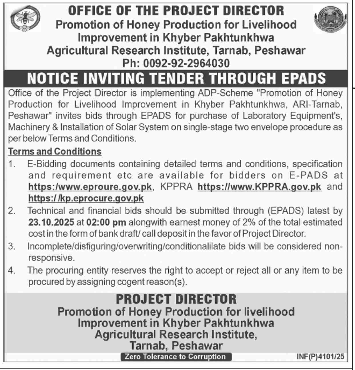 Agriculture Research Institute Peshawar Tender Notice